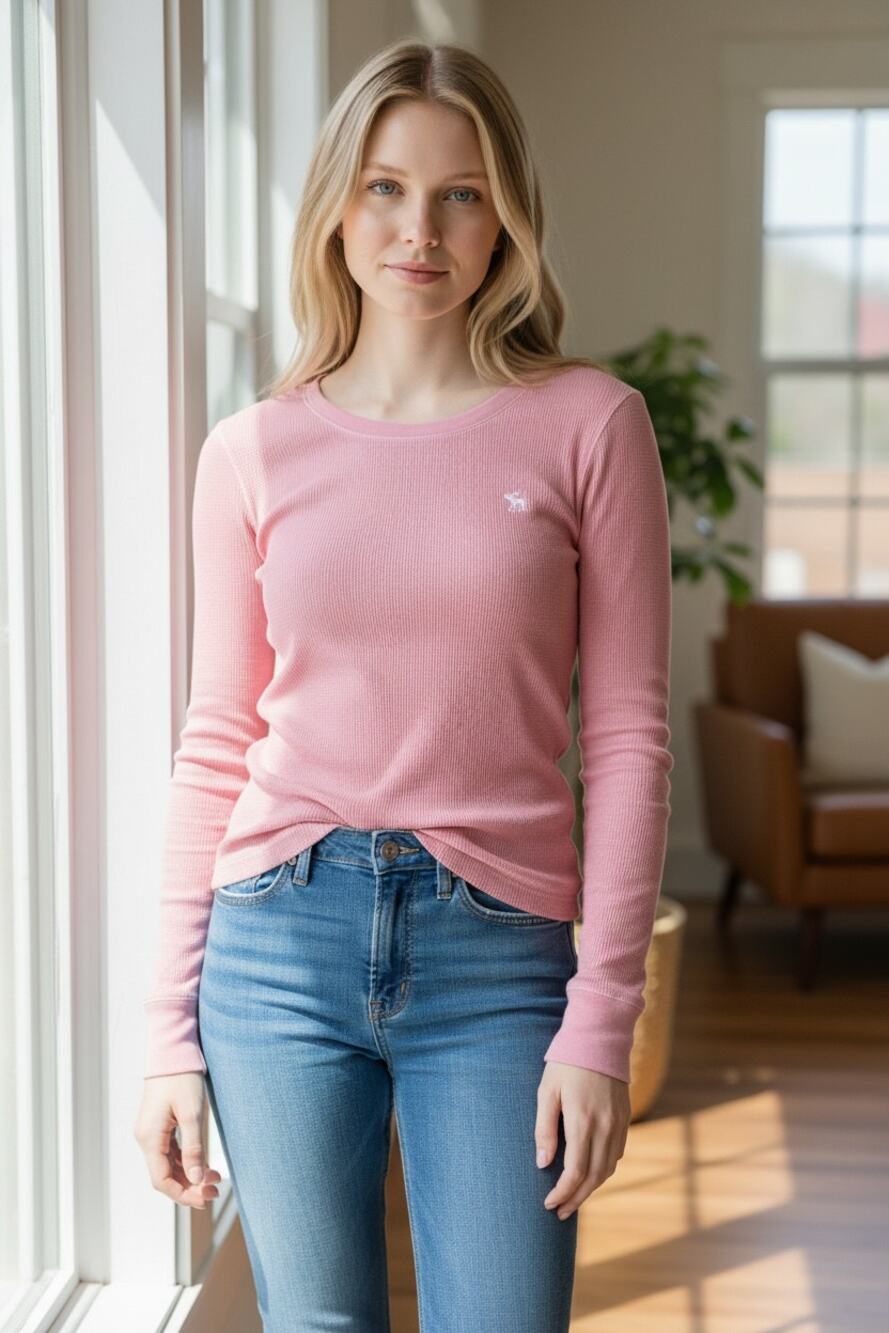 ABERCROMBIE & FITCH Top Size M Classic Pink w/ White Logo Long Sleeve Crew